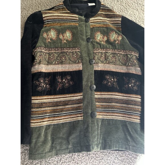 White Stag Chenille Jacket MEDIUM Tapestry Button Olive Green Cottage Folk Art - Picture 2 of 5